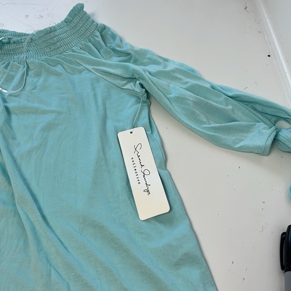 French Laundry Collection Medium Blue Short Sleeve Off the Shoulder Blouse - Picture 2 of 6